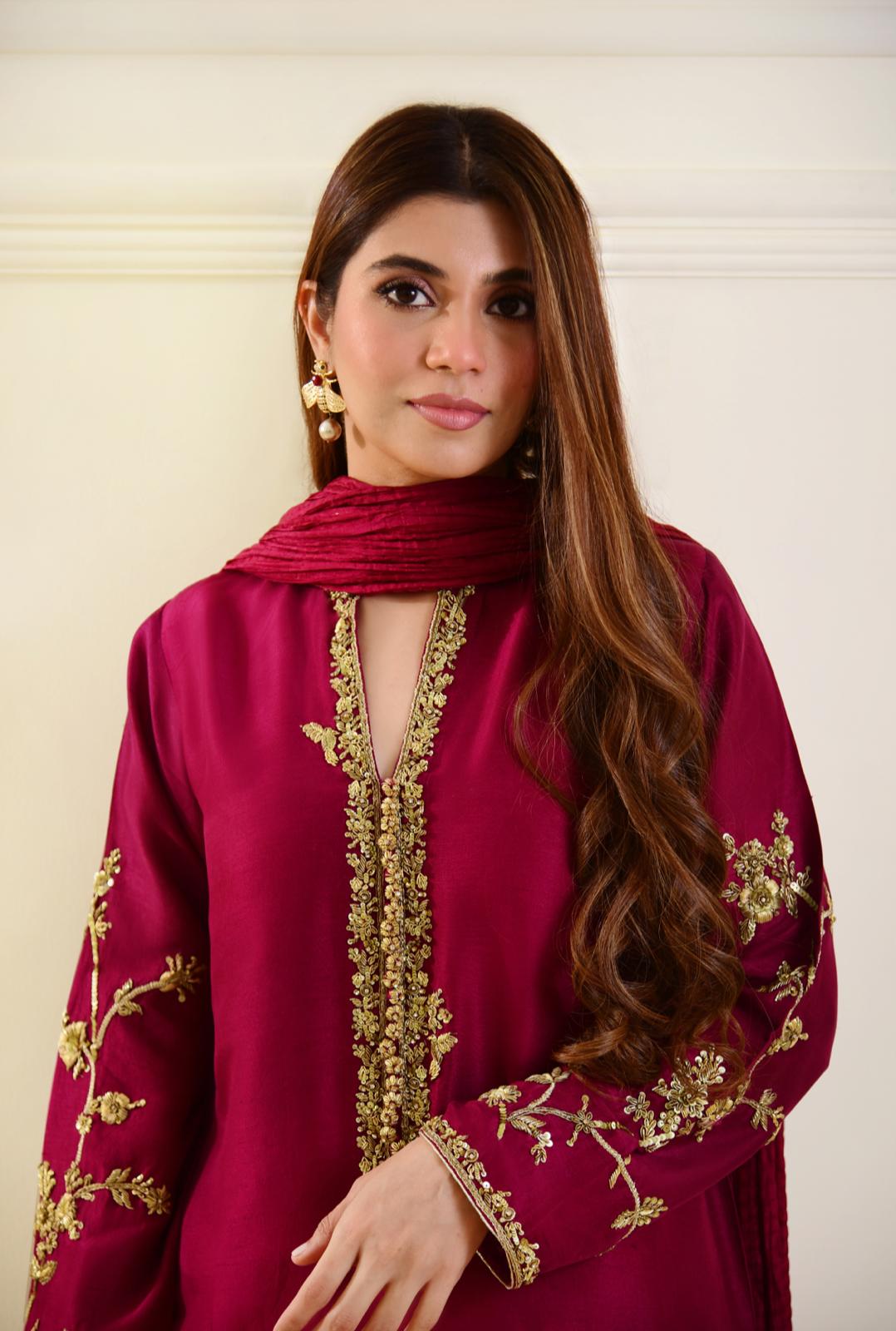 Ruby Red Zardozi Raw Silk Salwar Kameez (3-Piece) - Image 5