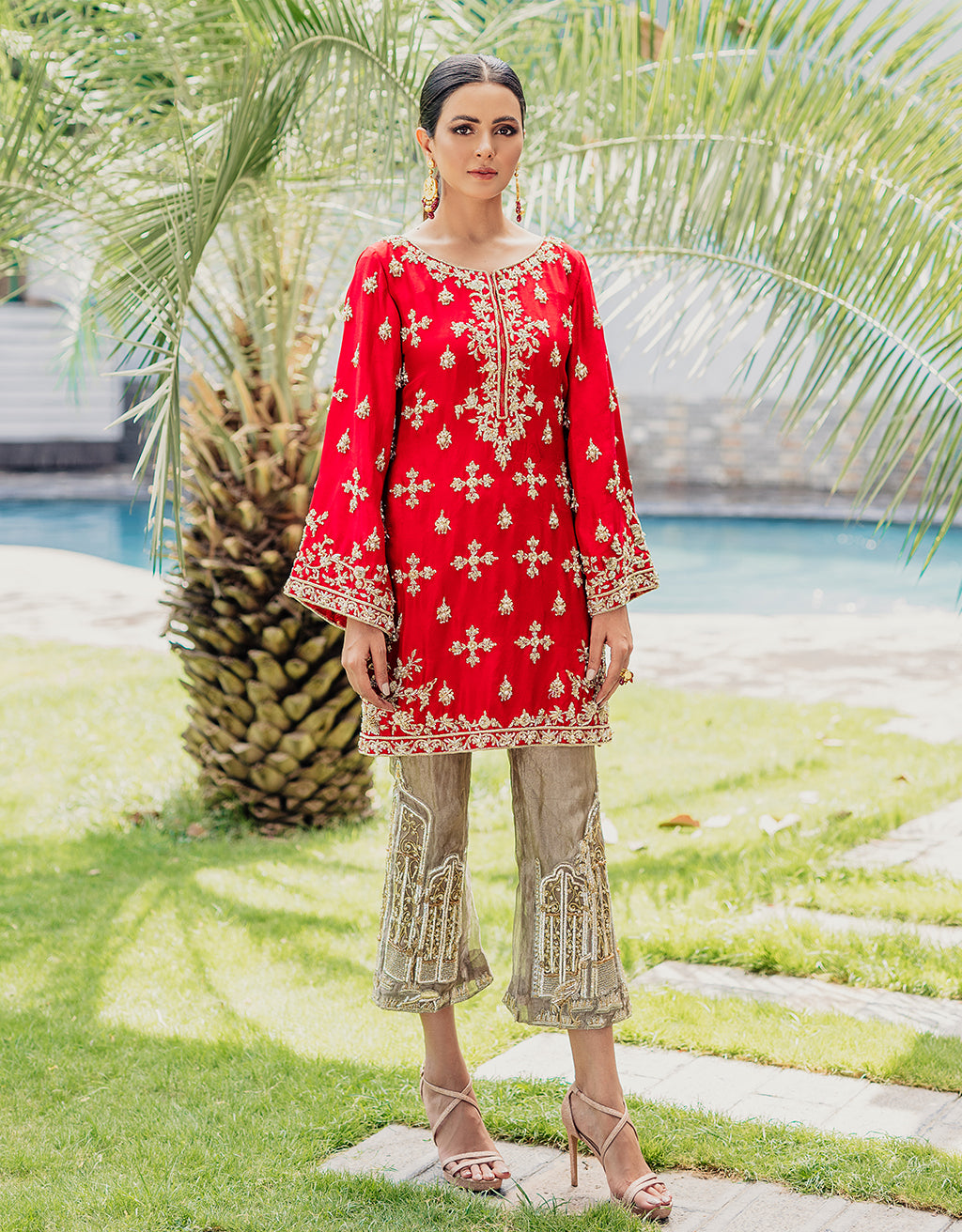 Pakistani Red Sari Embroidered Silk-Blend Kurta (2-Piece) - Image 1