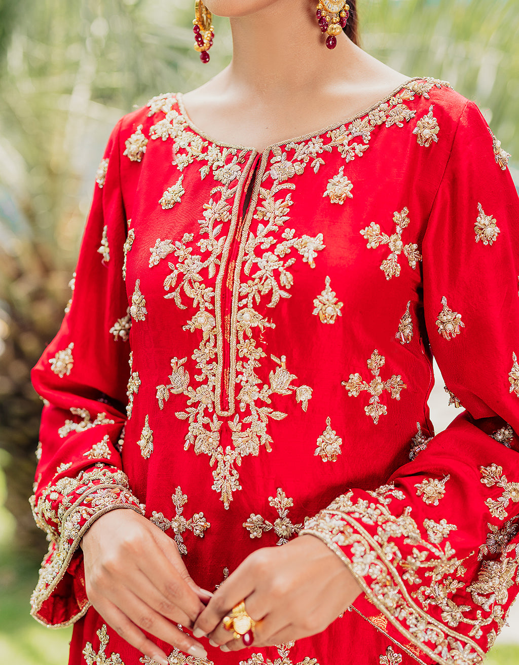 Pakistani Red Sari Embroidered Silk-Blend Kurta (2-Piece) - Image 4