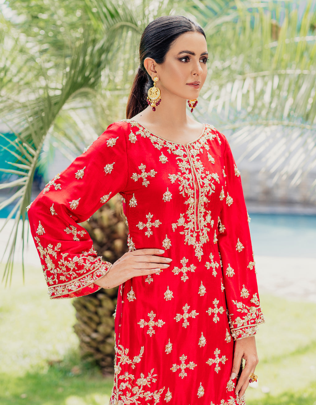 Pakistani Red Sari Embroidered Silk-Blend Kurta (2-Piece) - Image 5