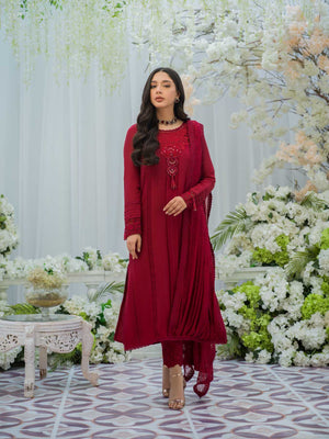Deep Red Embroidered Silk Salwar Kameez (3-Piece) - Image 1