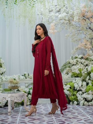 Deep Red Embroidered Silk Salwar Kameez (3-Piece) - Image 2