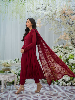 Deep Red Embroidered Silk Salwar Kameez (3-Piece) - Image 3