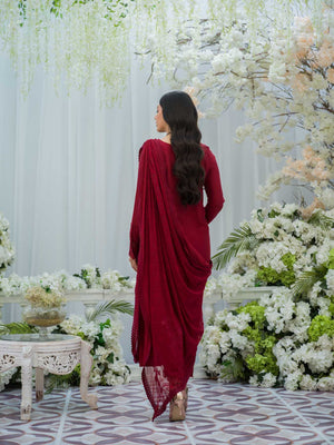 Deep Red Embroidered Silk Salwar Kameez (3-Piece) - Image 4