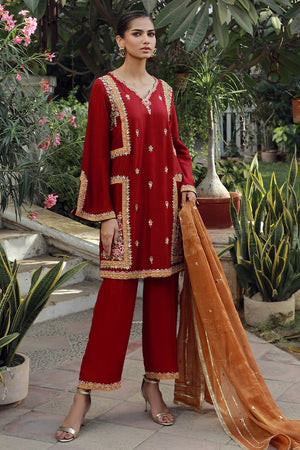 Pomegranate Red Embroidered Silk Salwar Kameez (3-Piece) - Image 1