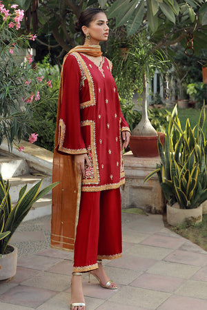 Pomegranate Red Embroidered Silk Salwar Kameez (3-Piece) - Image 3