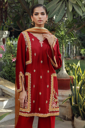 Pomegranate Red Embroidered Silk Salwar Kameez (3-Piece) - Image 5