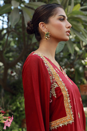 Pomegranate Red Embroidered Silk Salwar Kameez (3-Piece) - Image 7