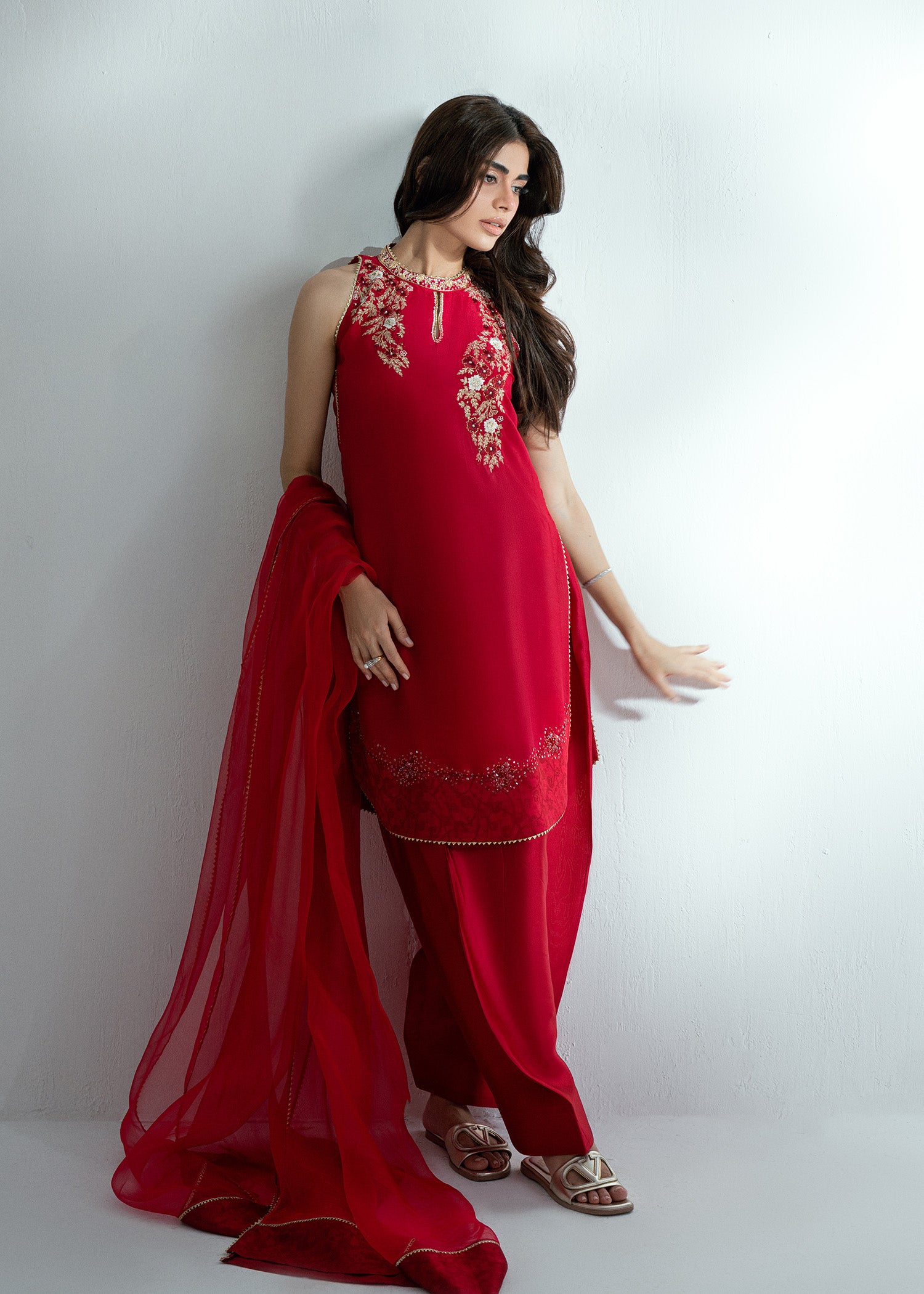 Pakistani Rubine Red Embroidered Pure Silk Salwar Kameez (3-Piece) - Image 10