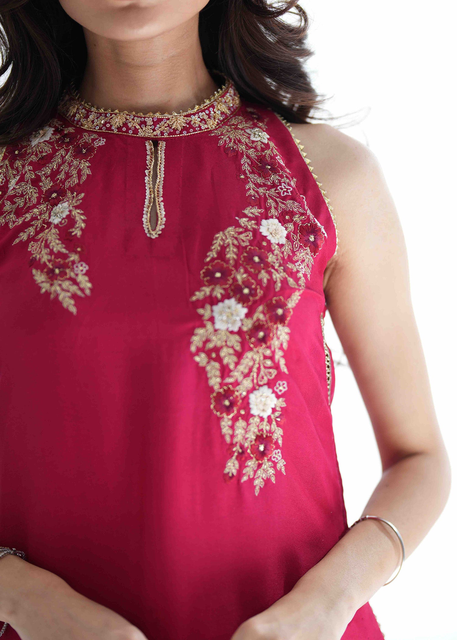 Pakistani Rubine Red Embroidered Pure Silk Salwar Kameez (3-Piece) - Image 11