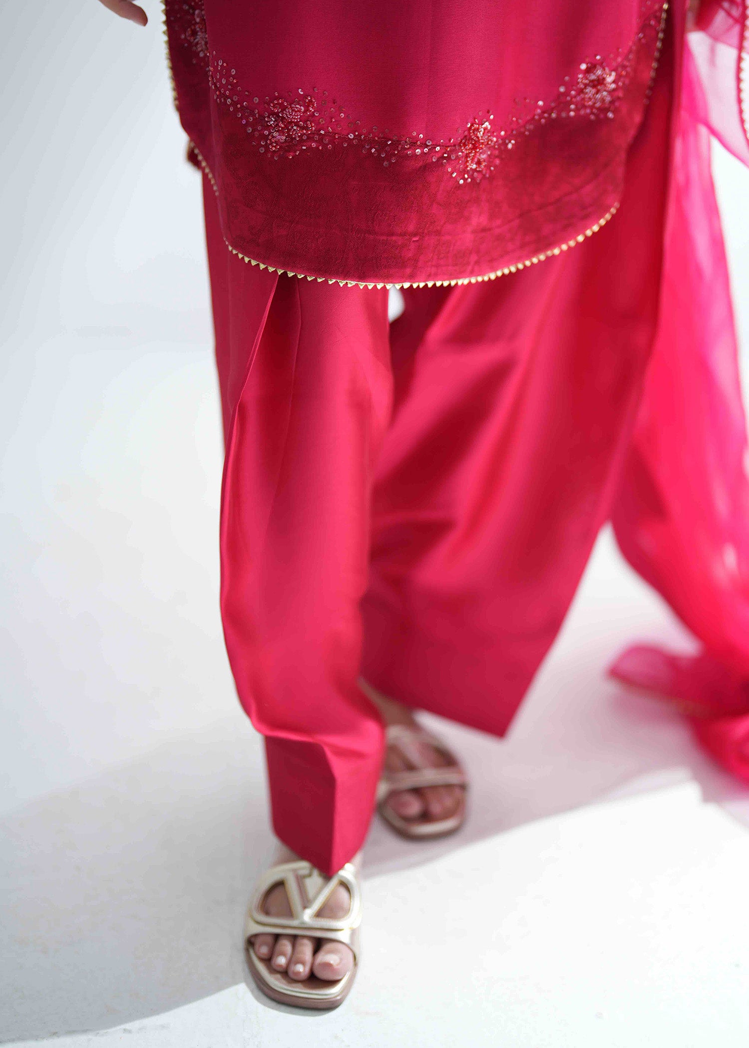 Pakistani Rubine Red Embroidered Pure Silk Salwar Kameez (3-Piece) - Image 12