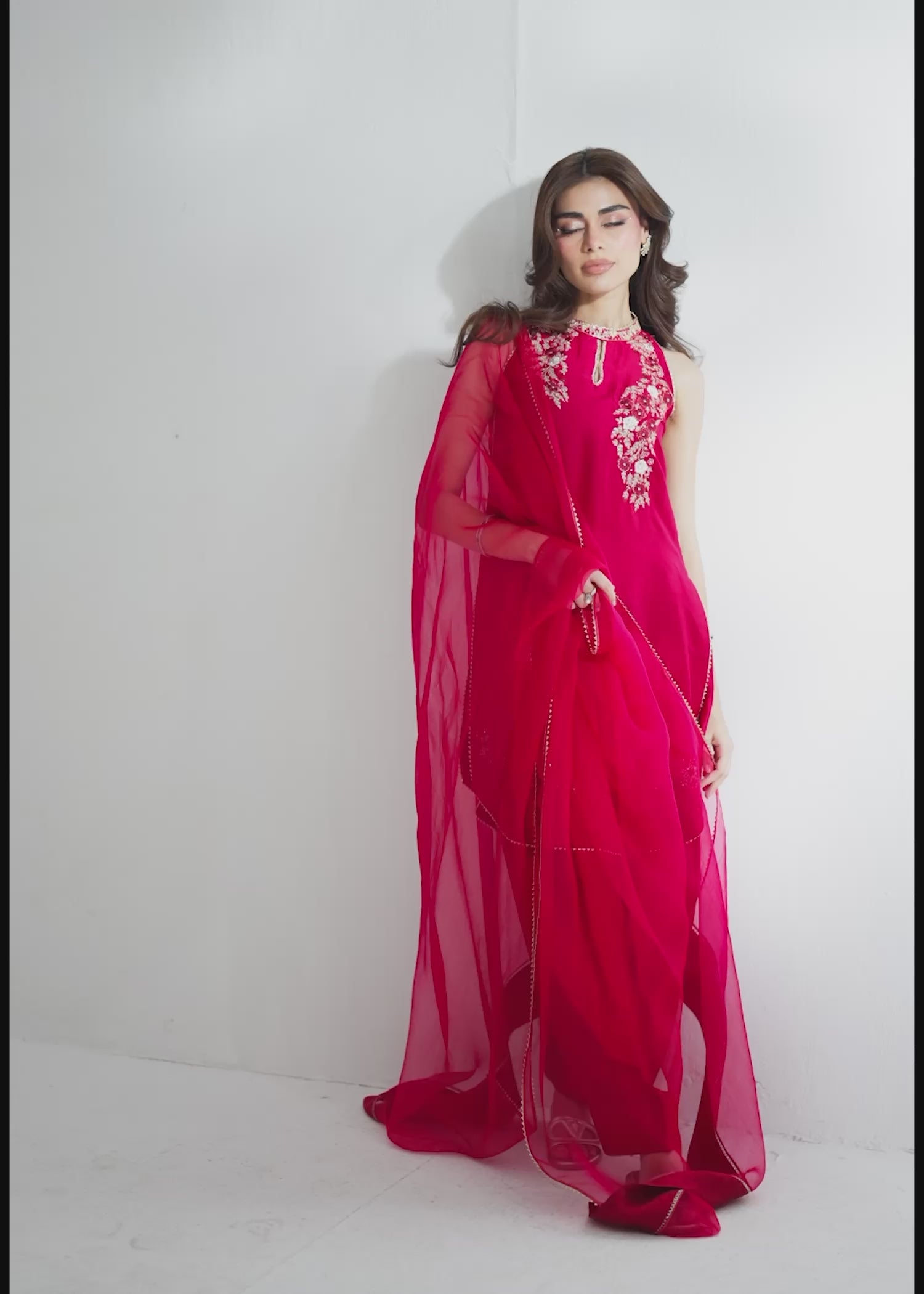 Pakistani Rubine Red Embroidered Pure Silk Salwar Kameez (3-Piece) - Image 13