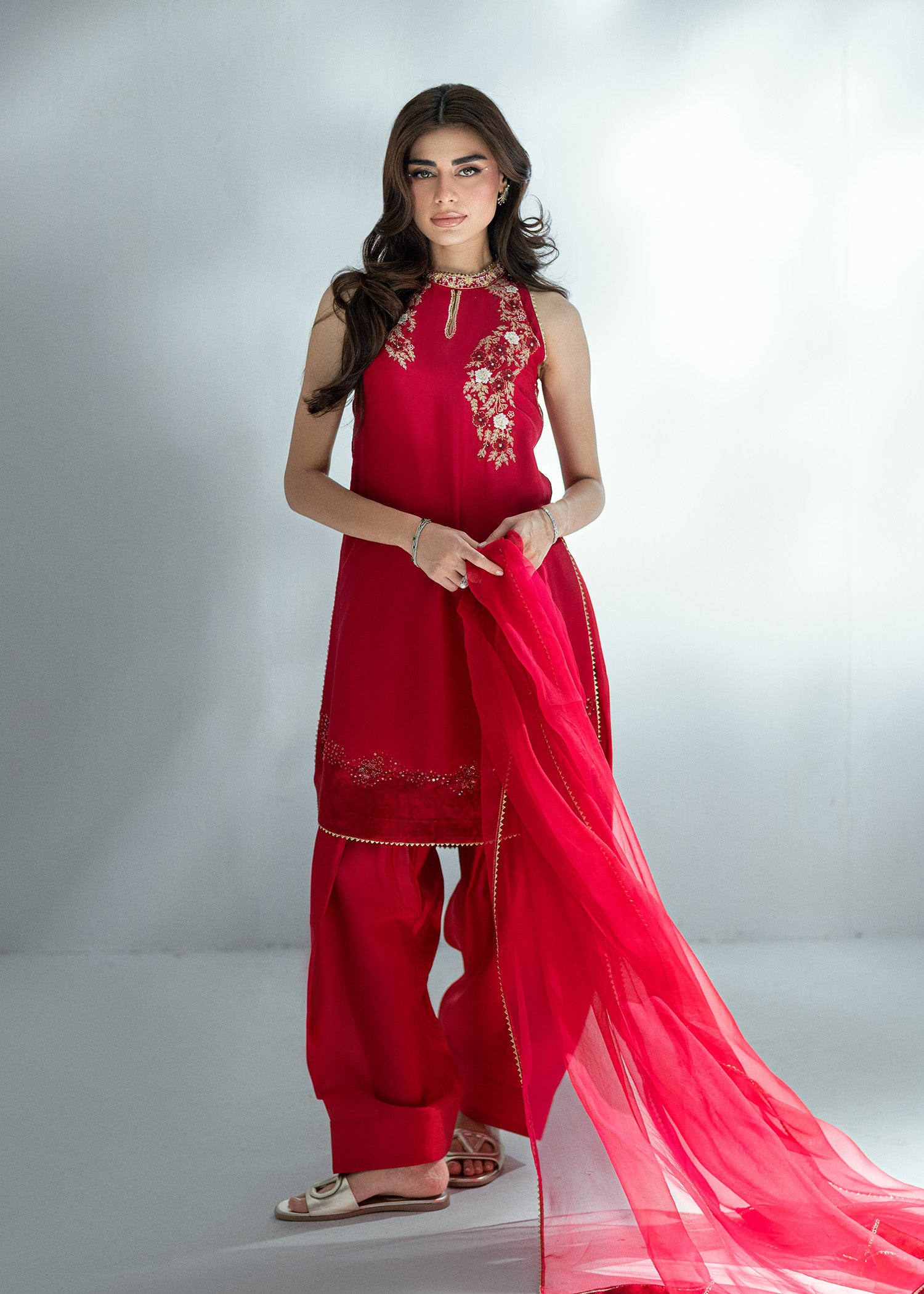 Pakistani Rubine Red Embroidered Pure Silk Salwar Kameez (3-Piece) - Image 2