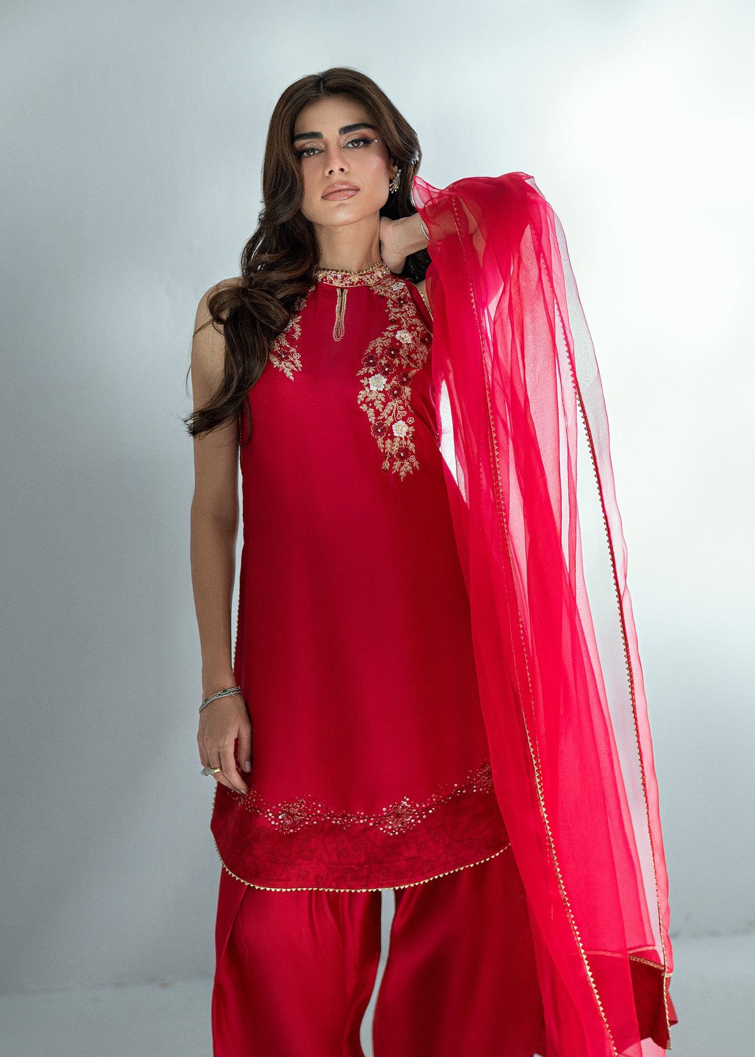 Pakistani Rubine Red Embroidered Pure Silk Salwar Kameez (3-Piece) - Image 4