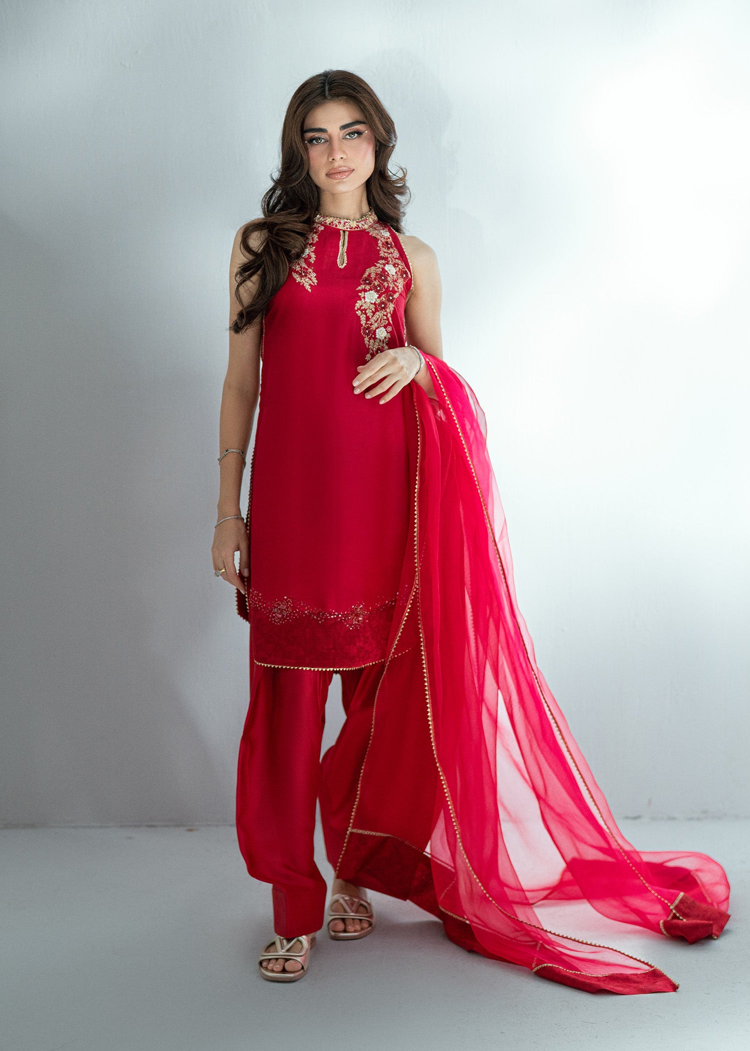 Pakistani Rubine Red Embroidered Pure Silk Salwar Kameez (3-Piece) - Image 6