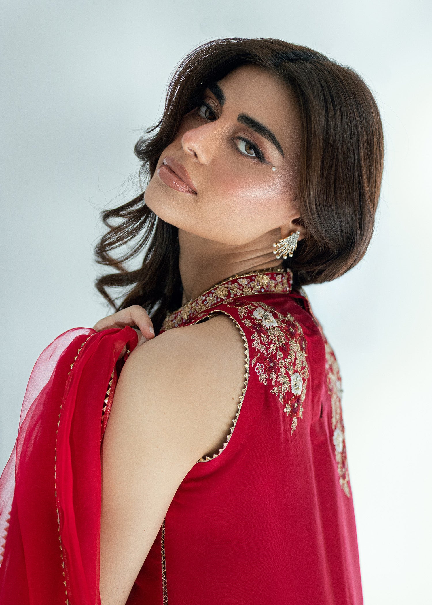 Pakistani Rubine Red Embroidered Pure Silk Salwar Kameez (3-Piece) - Image 7