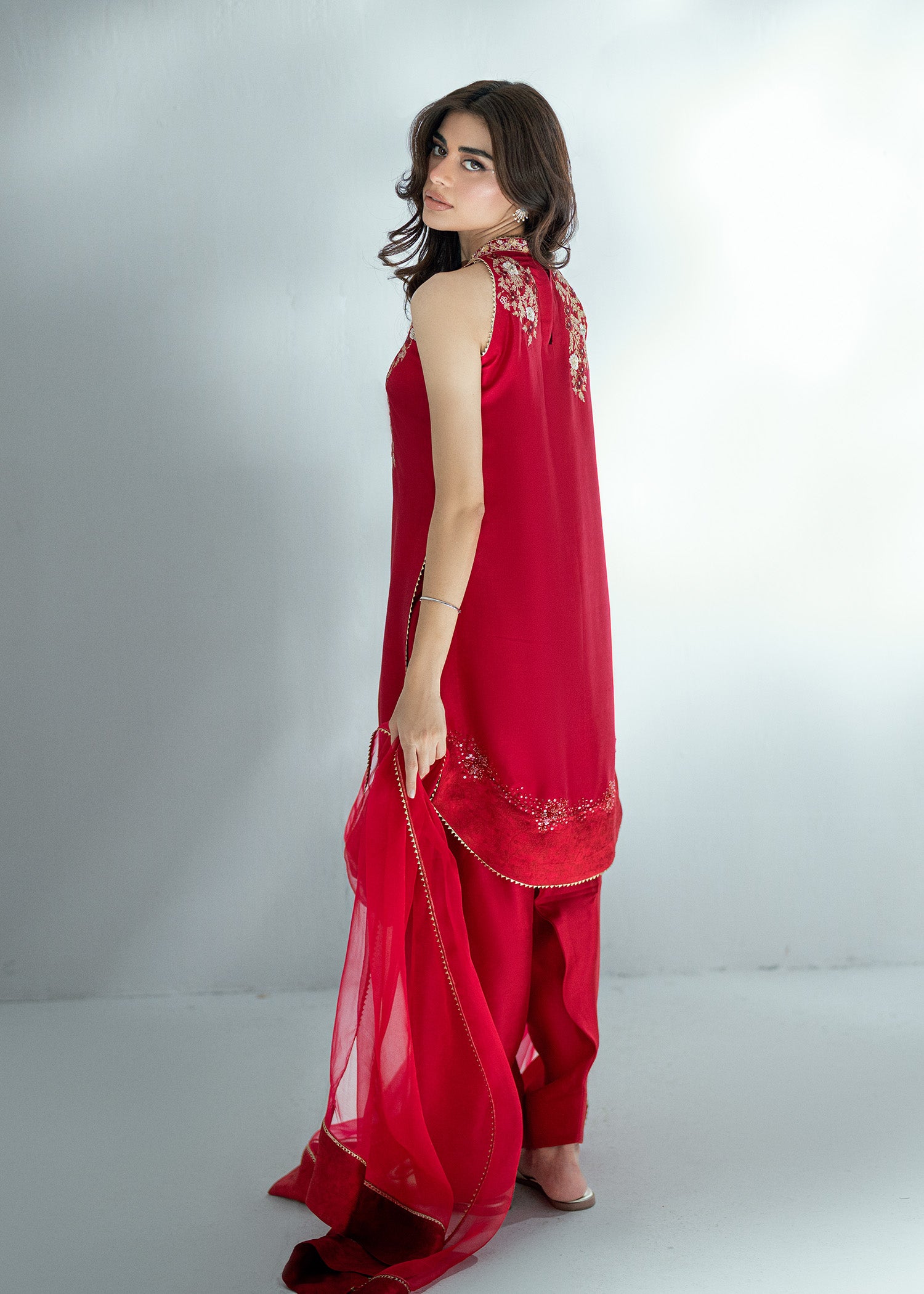 Pakistani Rubine Red Embroidered Pure Silk Salwar Kameez (3-Piece) - Image 8