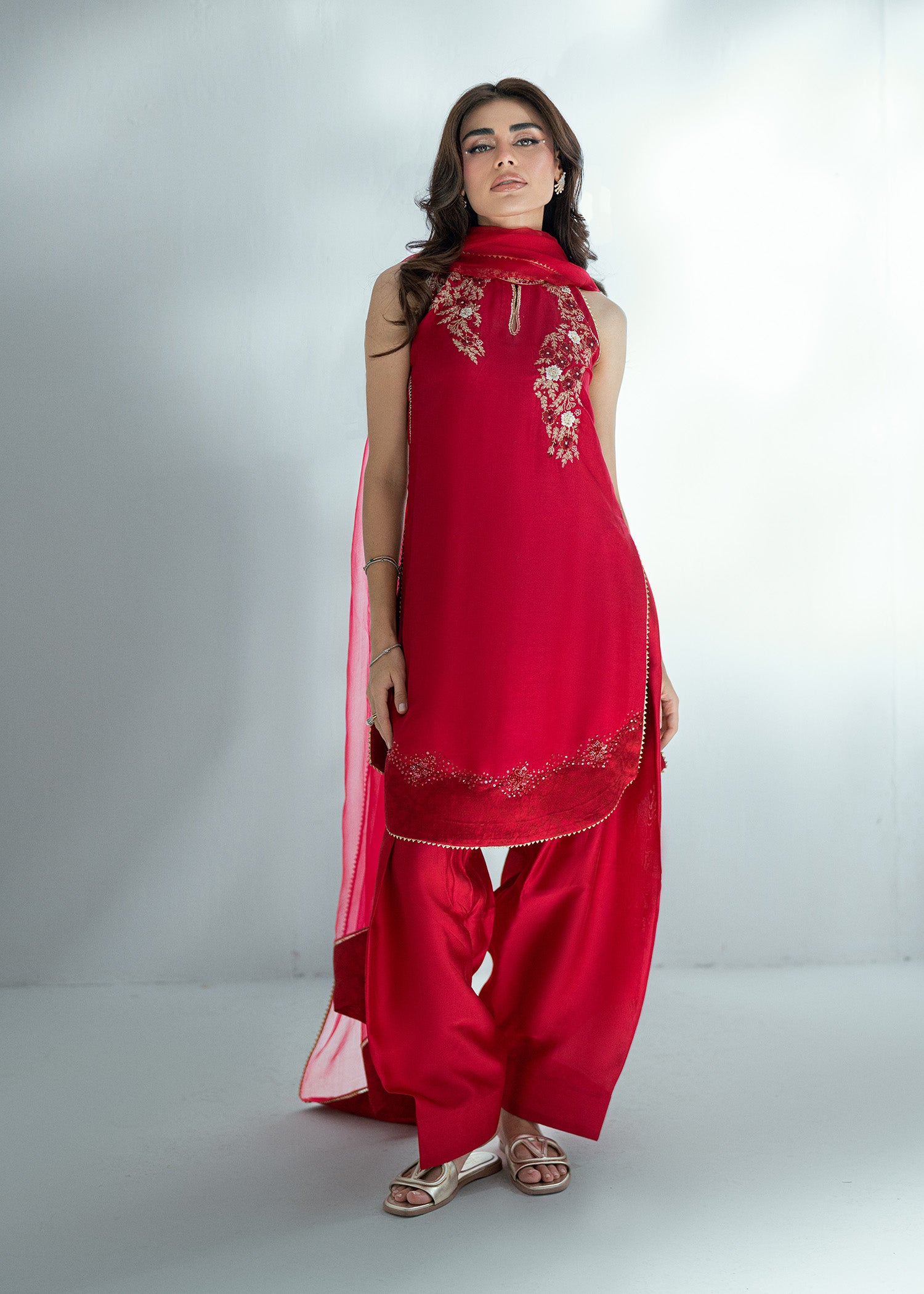 Pakistani Rubine Red Embroidered Pure Silk Salwar Kameez (3-Piece) - Image 9