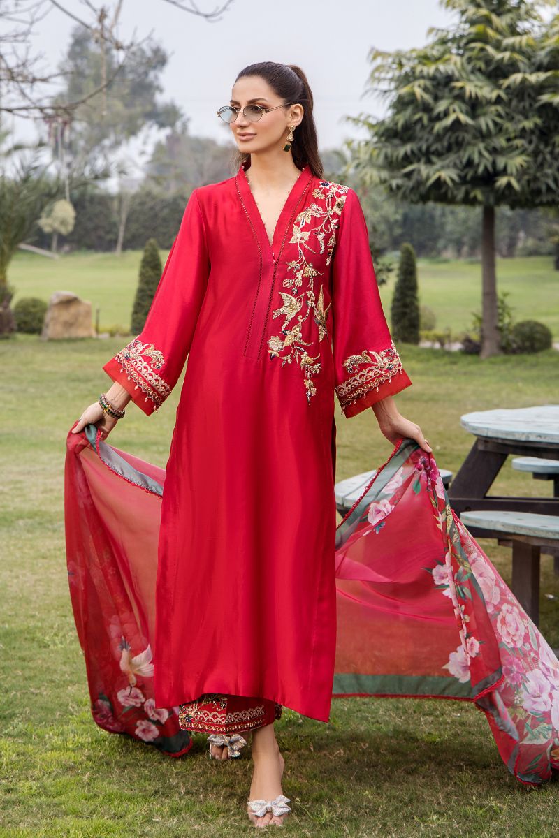 Pakistani Bright Red Embroidered Pure Silk Salwar Kameez (3-Piece) - Image 1