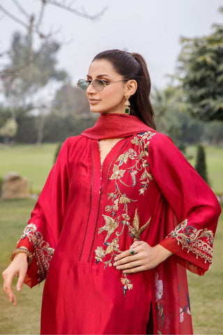 Pakistani Bright Red Embroidered Pure Silk Salwar Kameez (3-Piece) - Image 3