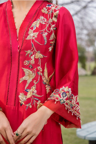 Pakistani Bright Red Embroidered Pure Silk Salwar Kameez (3-Piece) - Image 4