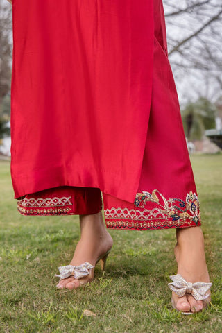 Pakistani Bright Red Embroidered Pure Silk Salwar Kameez (3-Piece) - Image 5