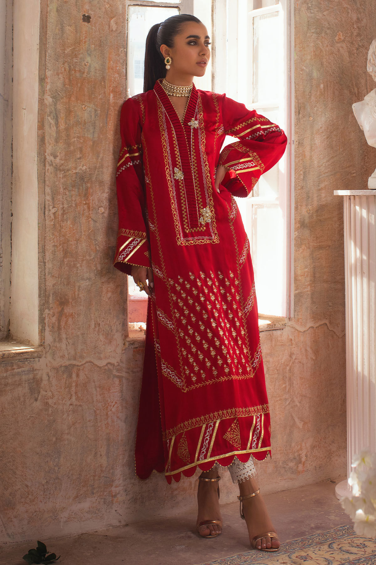 Pakistani Ruby Hand Block Printed Pure Silk Long Shirt (1-Pc) - Image 1