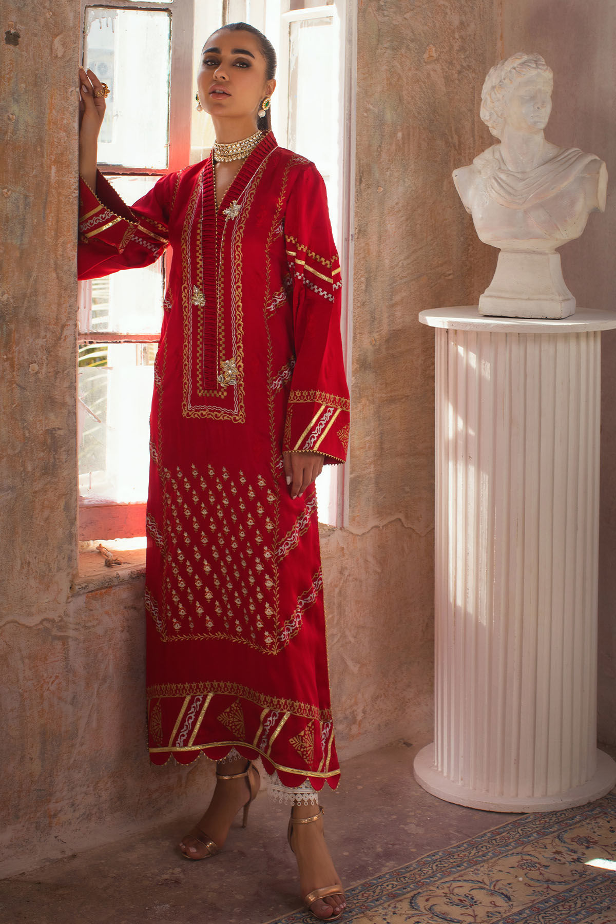 Pakistani Ruby Hand Block Printed Pure Silk Long Shirt (1-Pc) - Image 3