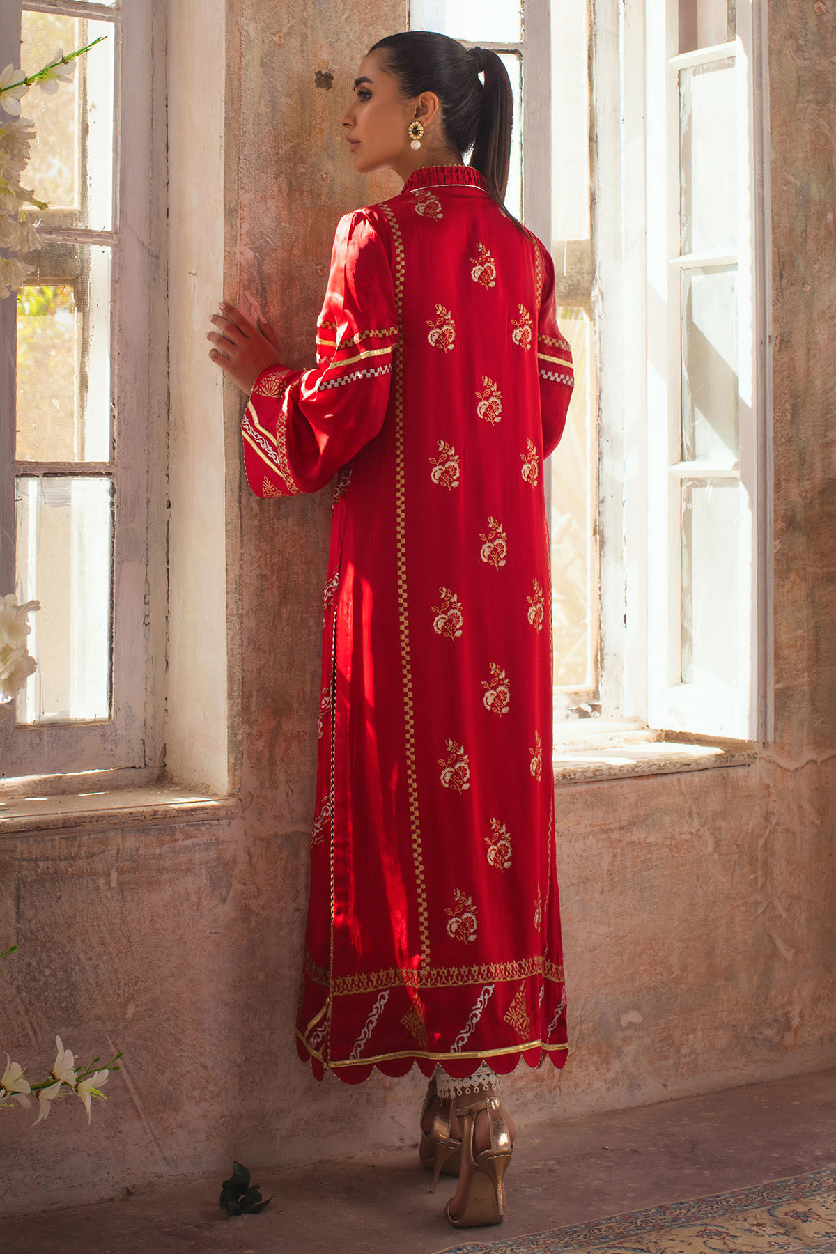 Pakistani Ruby Hand Block Printed Pure Silk Long Shirt (1-Pc) - Image 4