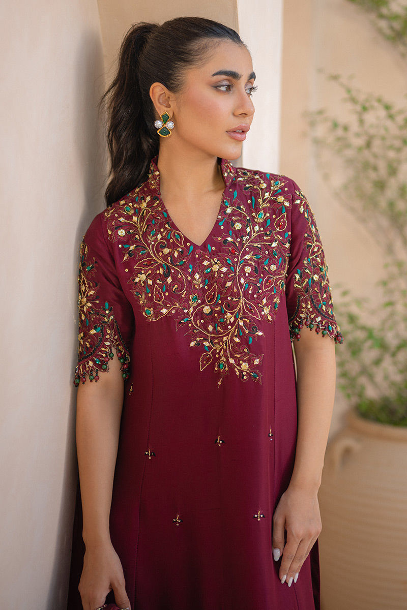 Pakistani Ox-Red Embellished Silk Straight Shirt (2-Piece) - Image 2