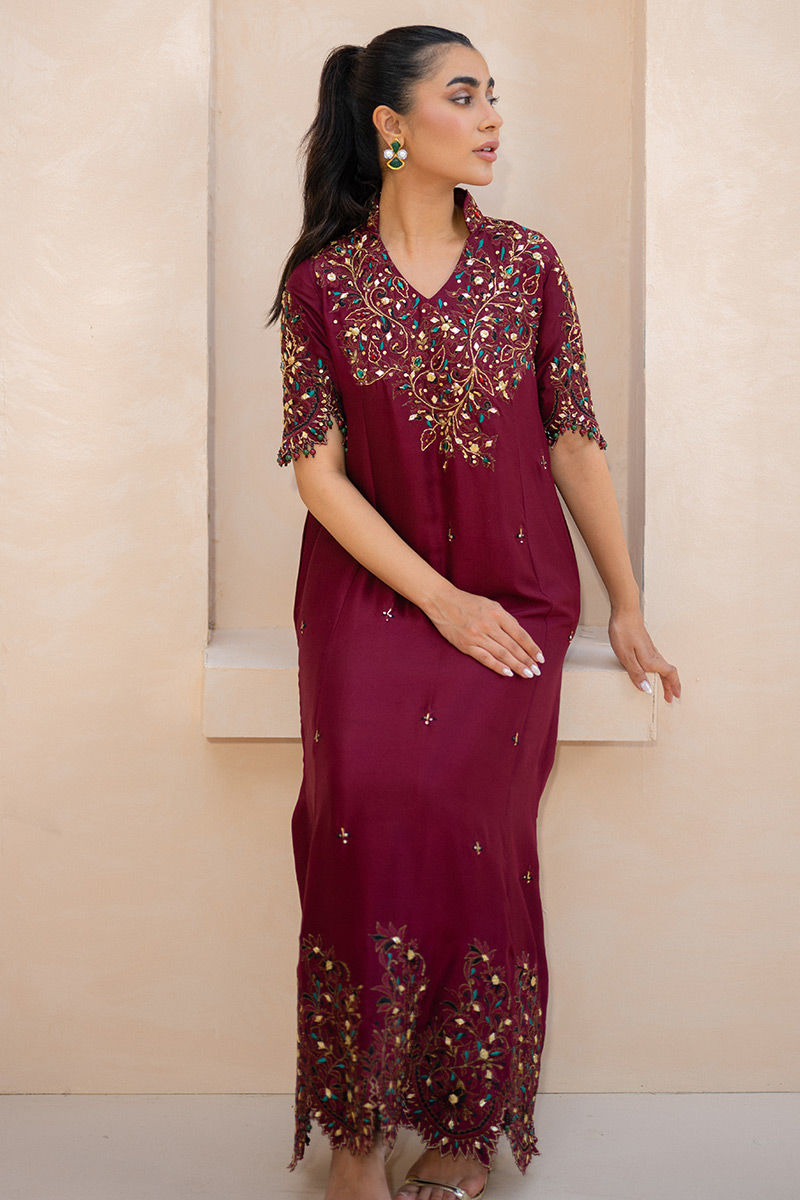 Pakistani Ox-Red Embellished Silk Straight Shirt (2-Piece) - Image 5