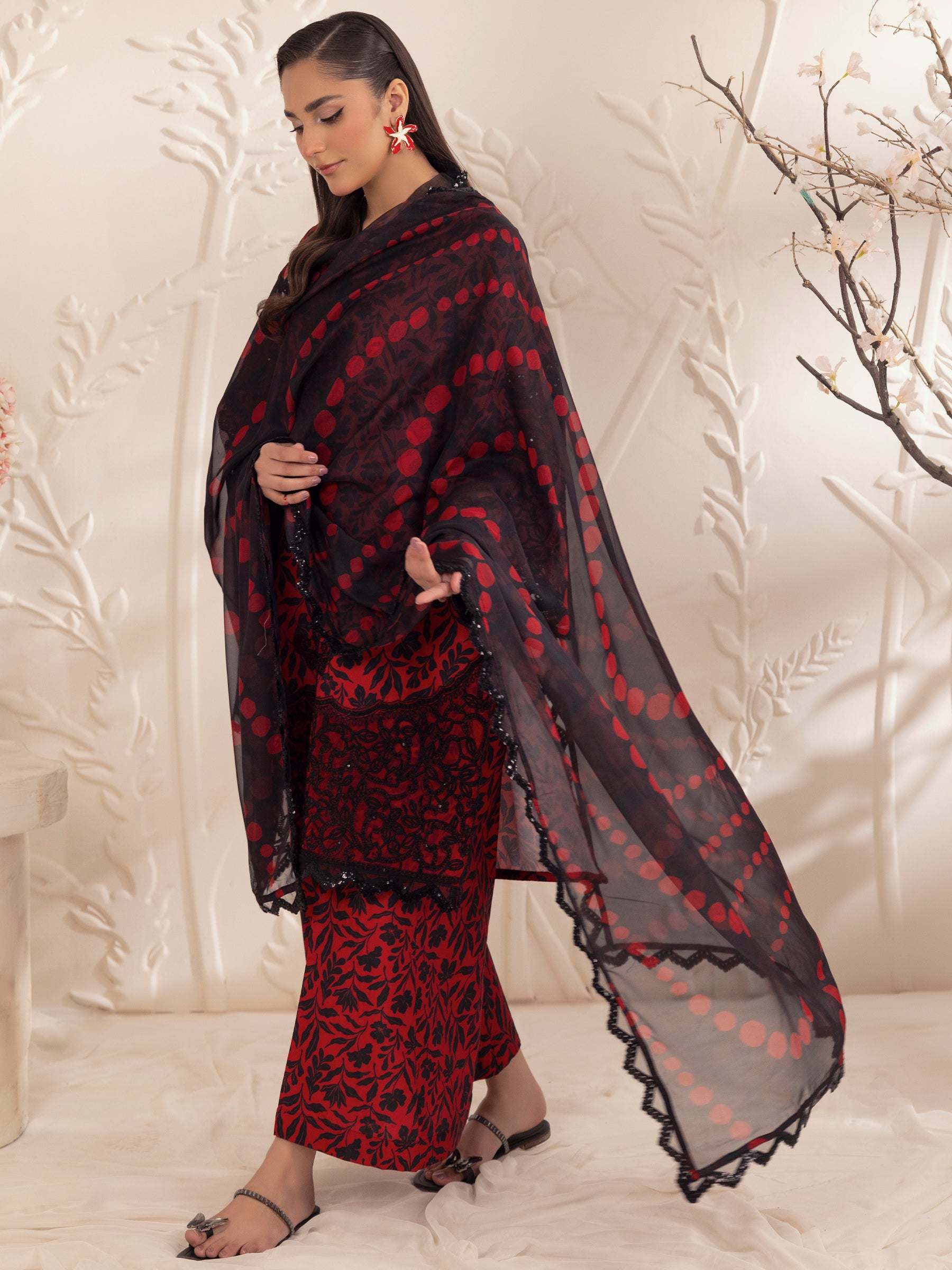 Pakistani Red Embroidered Printed Silk Lawn 3-Piece Suit - Image 10