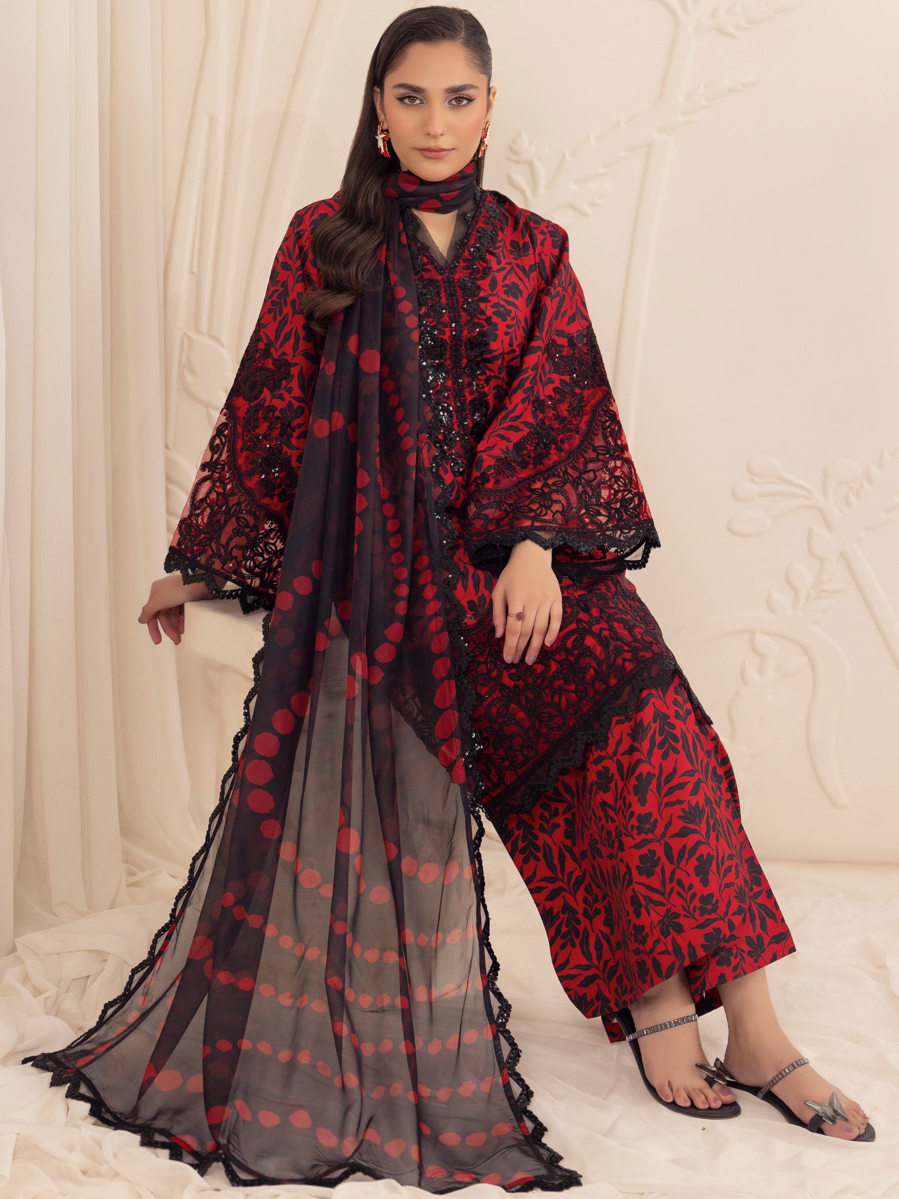 Pakistani Red Embroidered Printed Silk Lawn 3-Piece Suit - Image 11