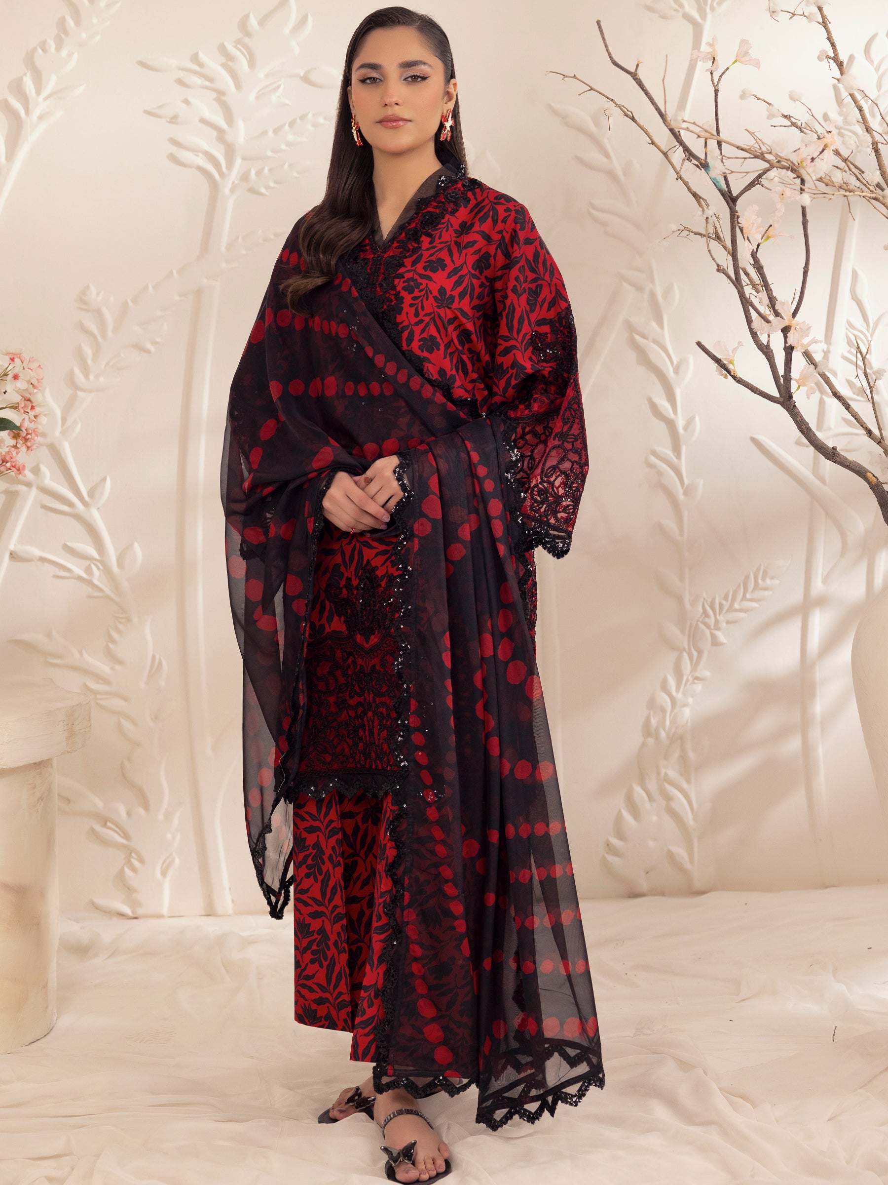 Pakistani Red Embroidered Printed Silk Lawn 3-Piece Suit - Image 2