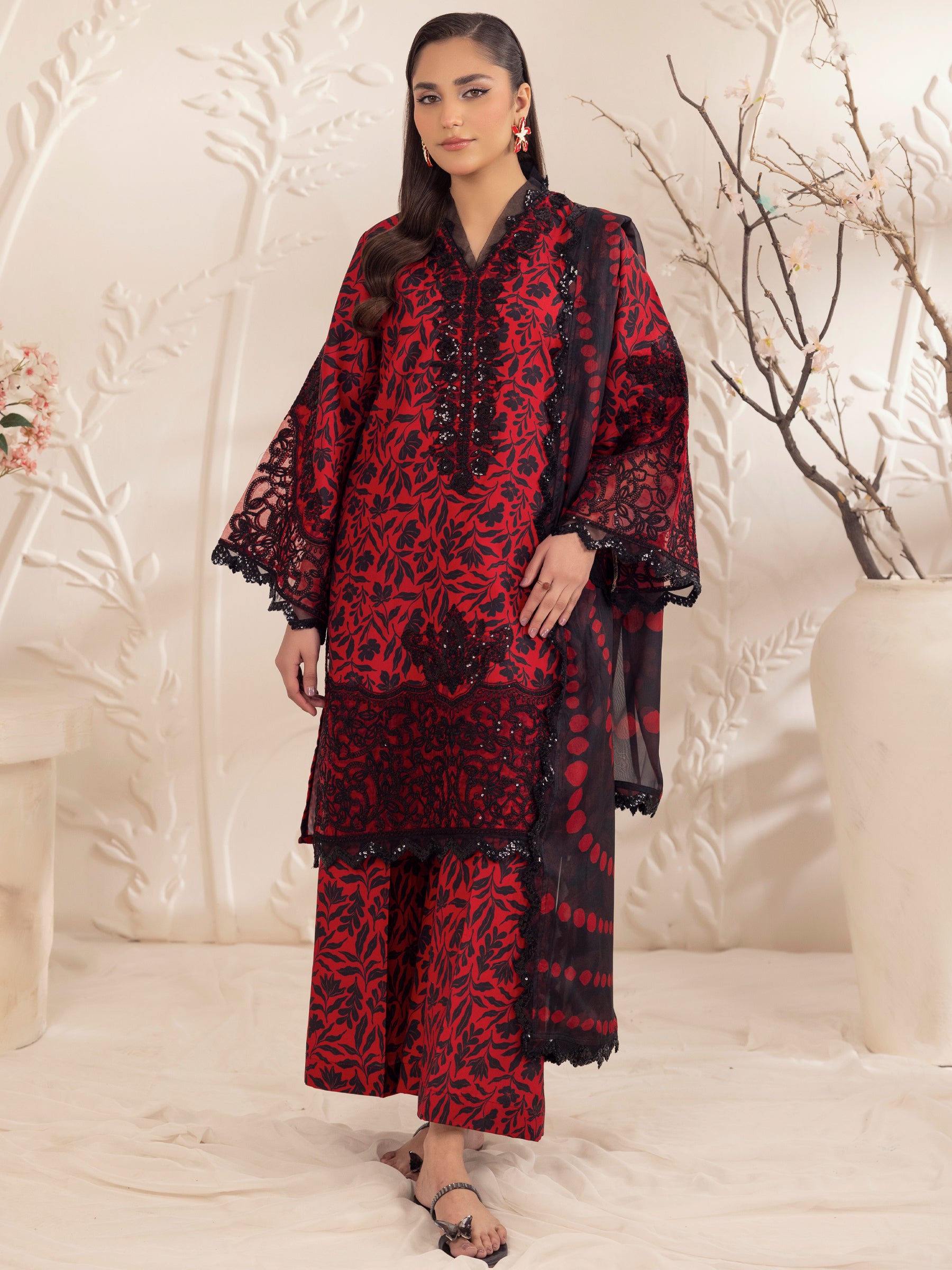 Pakistani Red Embroidered Printed Silk Lawn 3-Piece Suit - Image 4