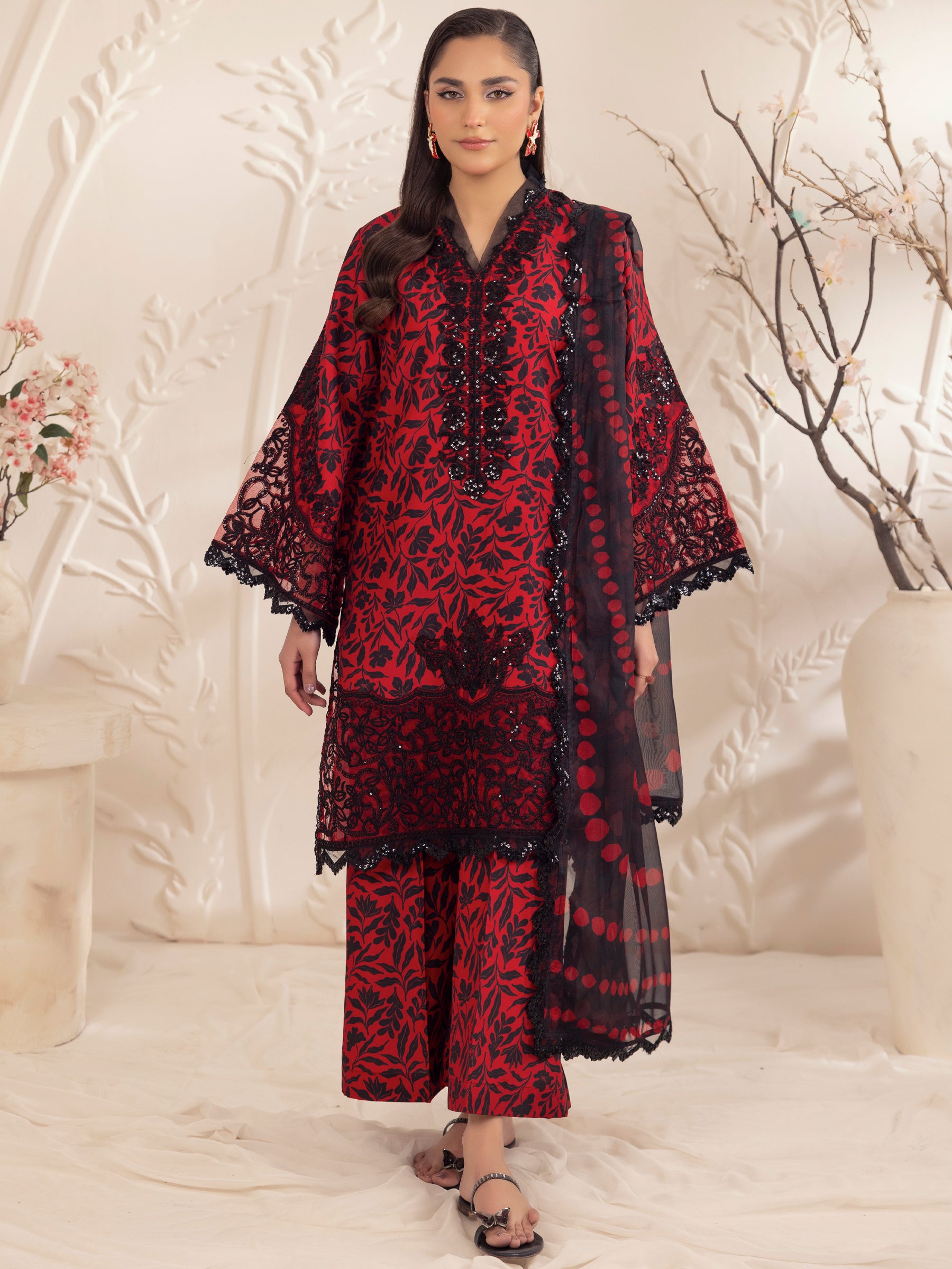 Pakistani Red Embroidered Printed Silk Lawn 3-Piece Suit - Image 5