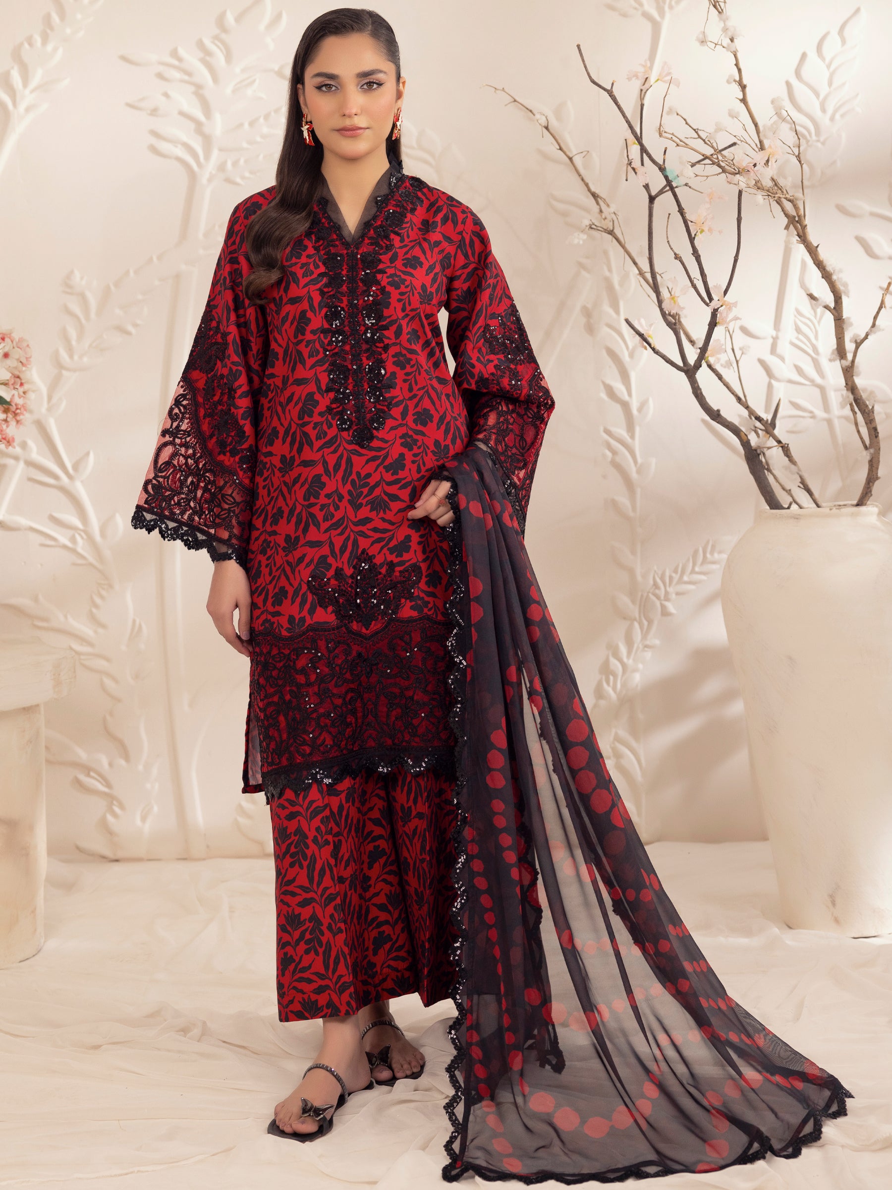 Pakistani Red Embroidered Printed Silk Lawn 3-Piece Suit - Image 6