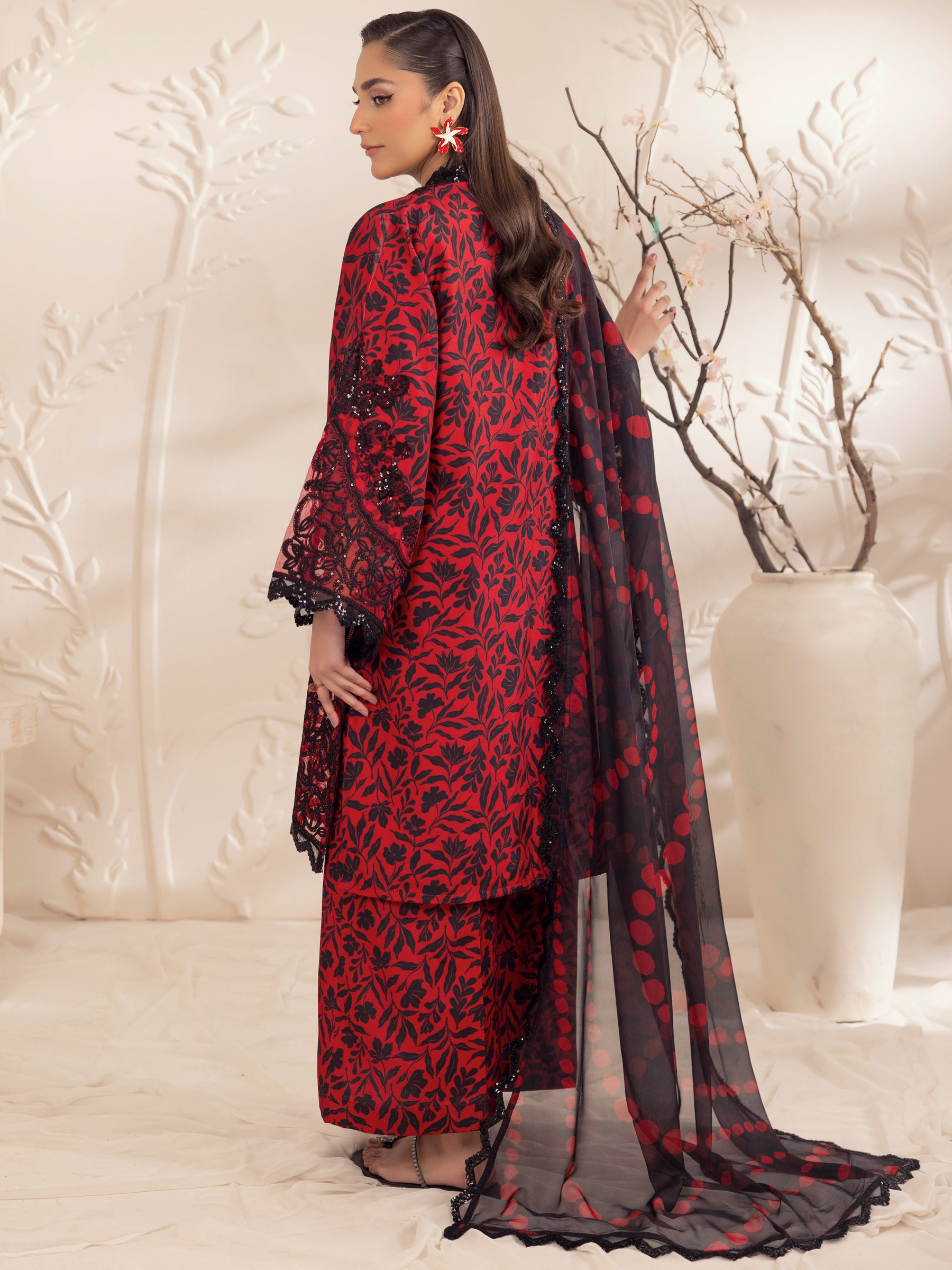 Pakistani Red Embroidered Printed Silk Lawn 3-Piece Suit - Image 7