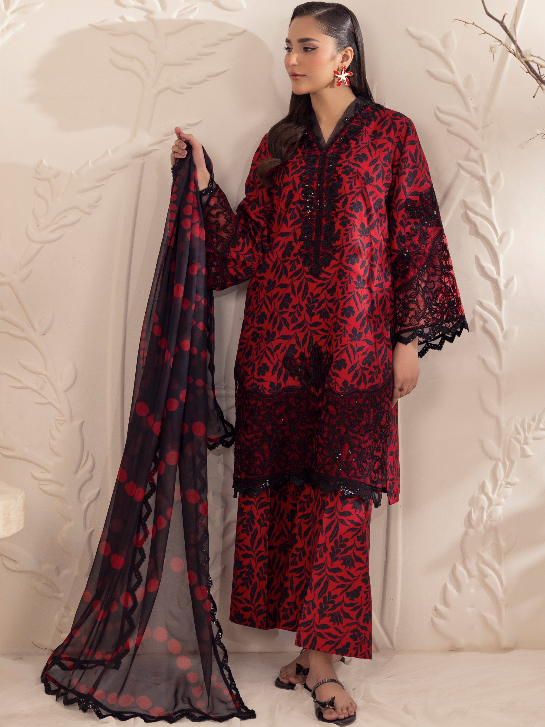 Pakistani Red Embroidered Printed Silk Lawn 3-Piece Suit - Image 8