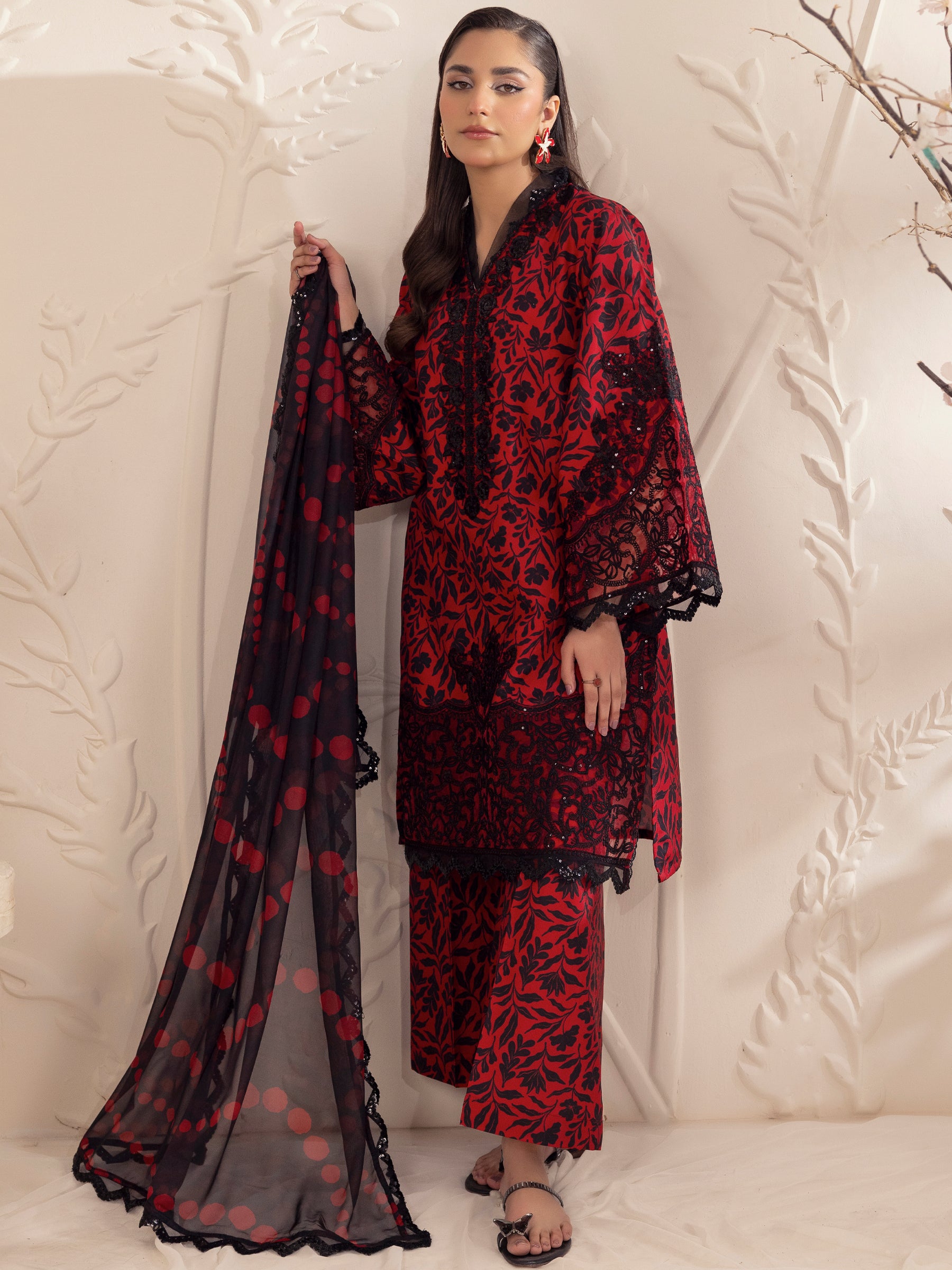 Pakistani Red Embroidered Printed Silk Lawn 3-Piece Suit - Image 9