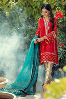 Pakistani Crimson Hand Block Printed Silk Net Salwar Kameez (3-Piece) - Image 2