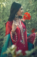 Pakistani Crimson Hand Block Printed Silk Net Salwar Kameez (3-Piece) - Image 6