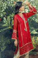 Pakistani Crimson Hand Block Printed Silk Net Salwar Kameez (3-Piece) - Image 7