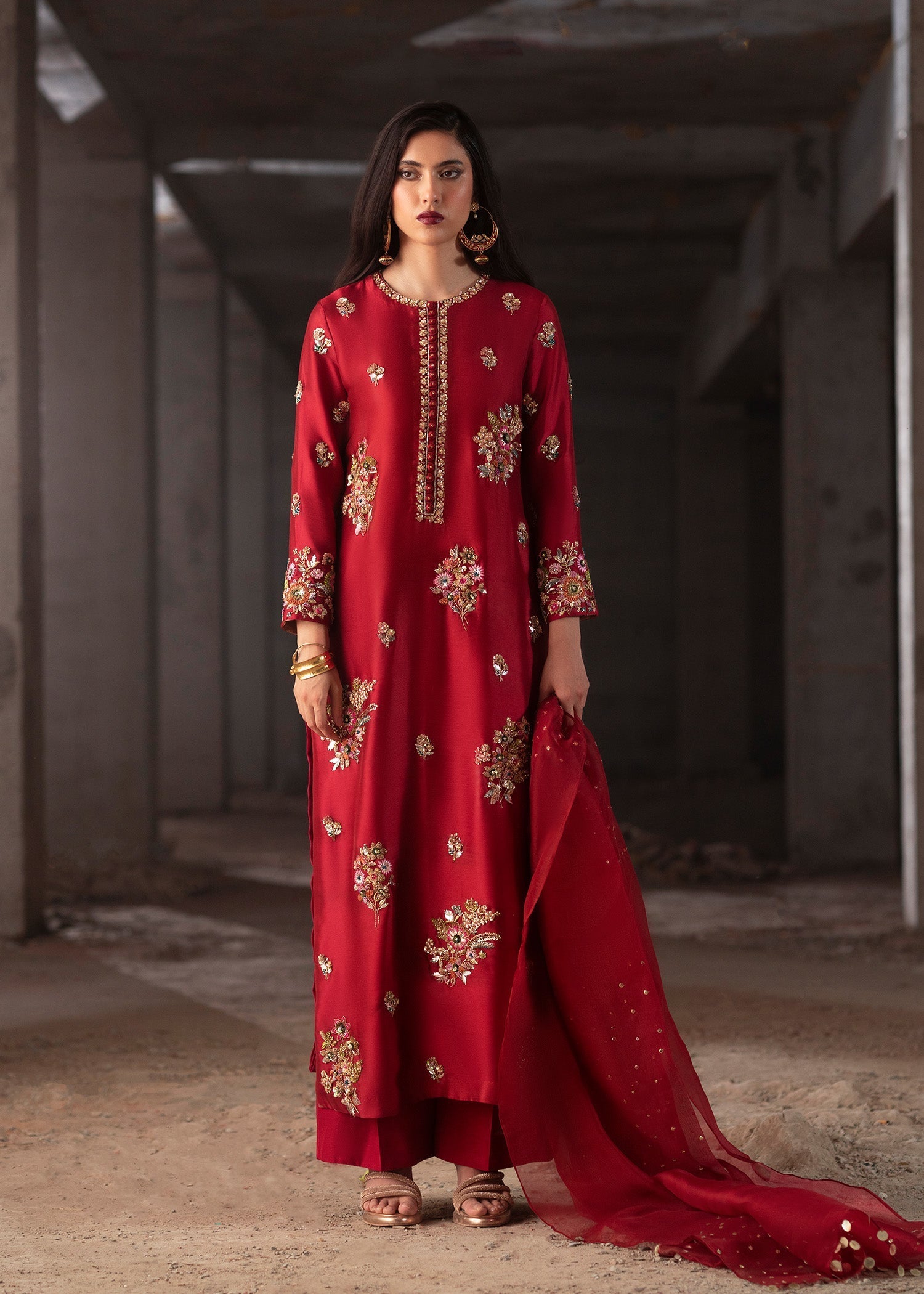 Deep Red Hand-Embellished Tissue Silk Kurta Set (3-Piece) - Image 1