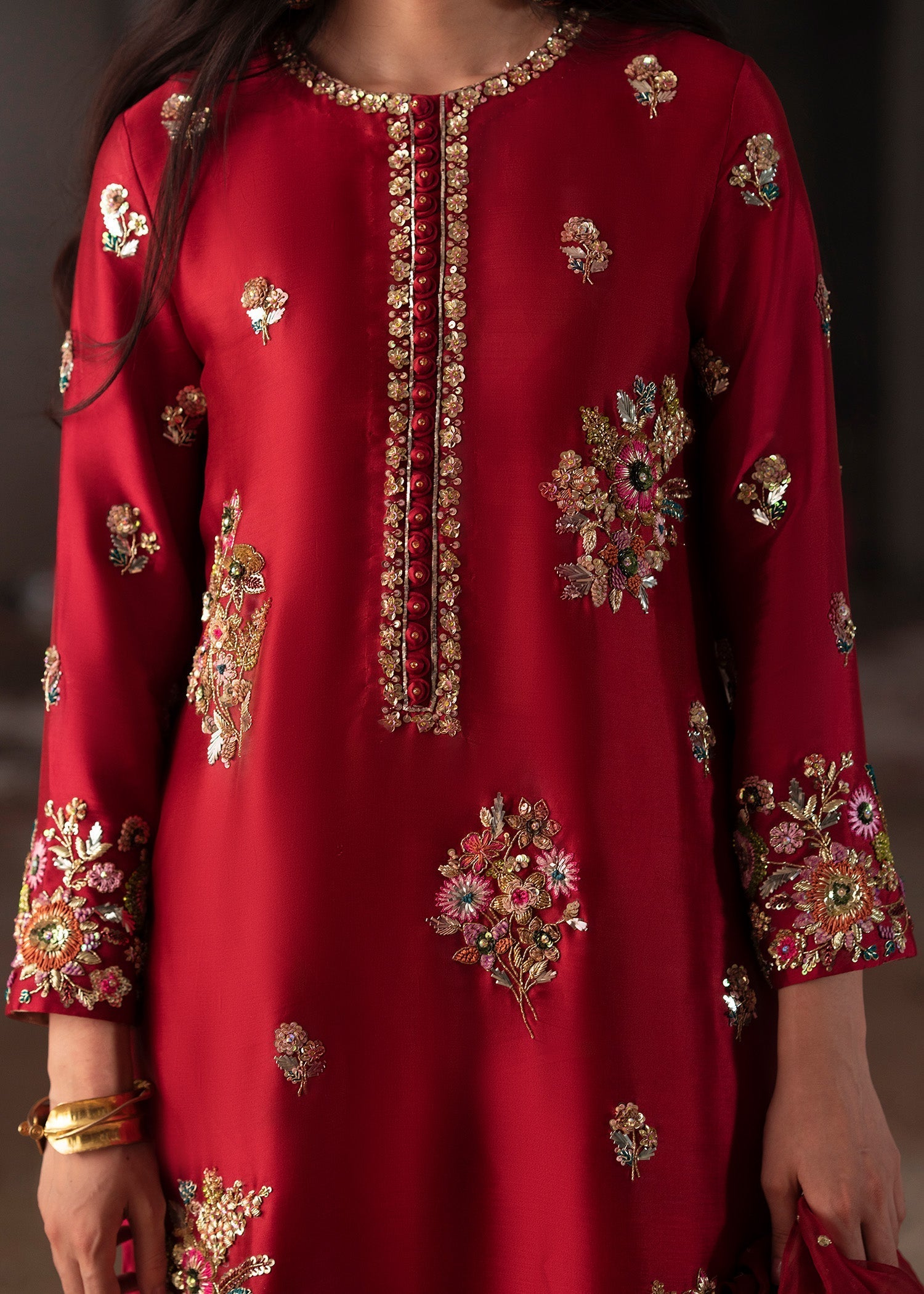 Deep Red Hand-Embellished Tissue Silk Kurta Set (3-Piece) - Image 5