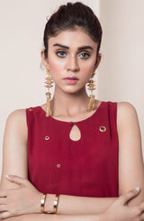 Red Eyelet-Embellished Long Kurta (2-Piece) - Image 3