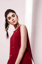 Red Eyelet-Embellished Long Kurta (2-Piece) - Image 5
