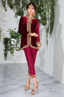 Pakistani Deep Red Embroidered Velvet Salwar Kameez (3-Piece) - Image 2