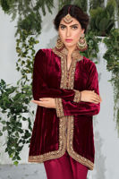 Pakistani Deep Red Embroidered Velvet Salwar Kameez (3-Piece) - Image 3