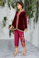 Pakistani Deep Red Embroidered Velvet Salwar Kameez (3-Piece) - Image 5